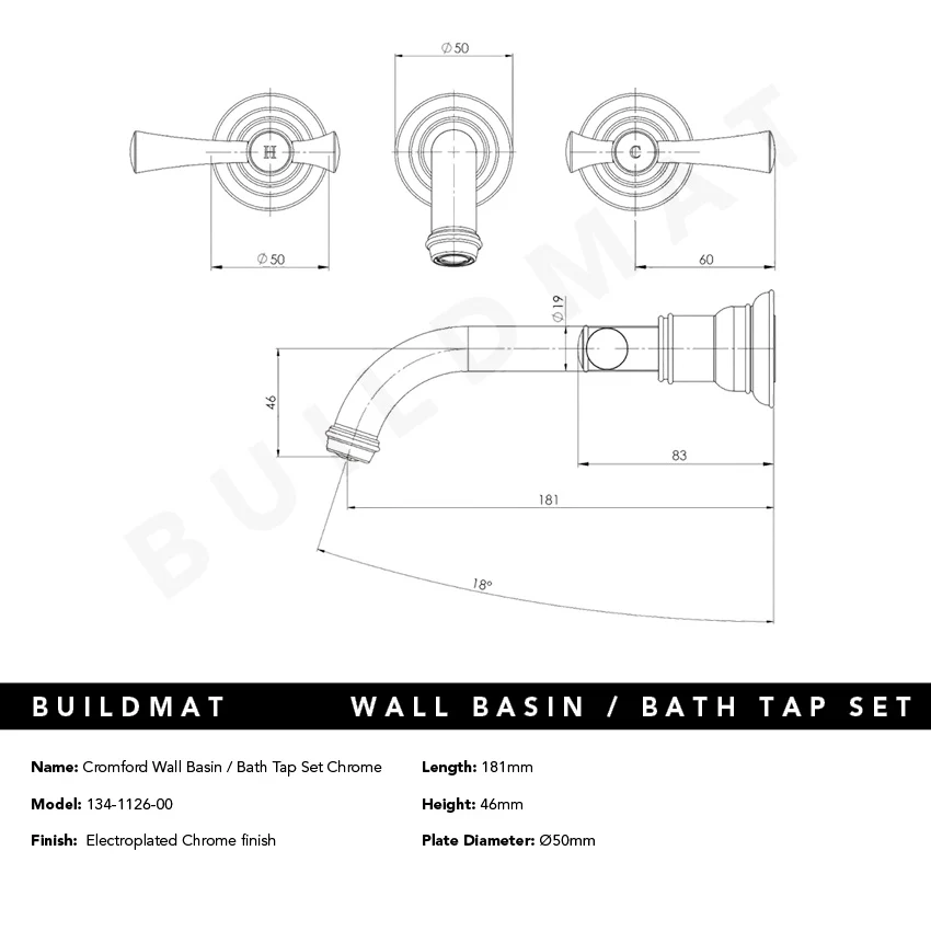 Phoenix Cromford Wall Basin / Bath Tap Set Chrome - Image 4