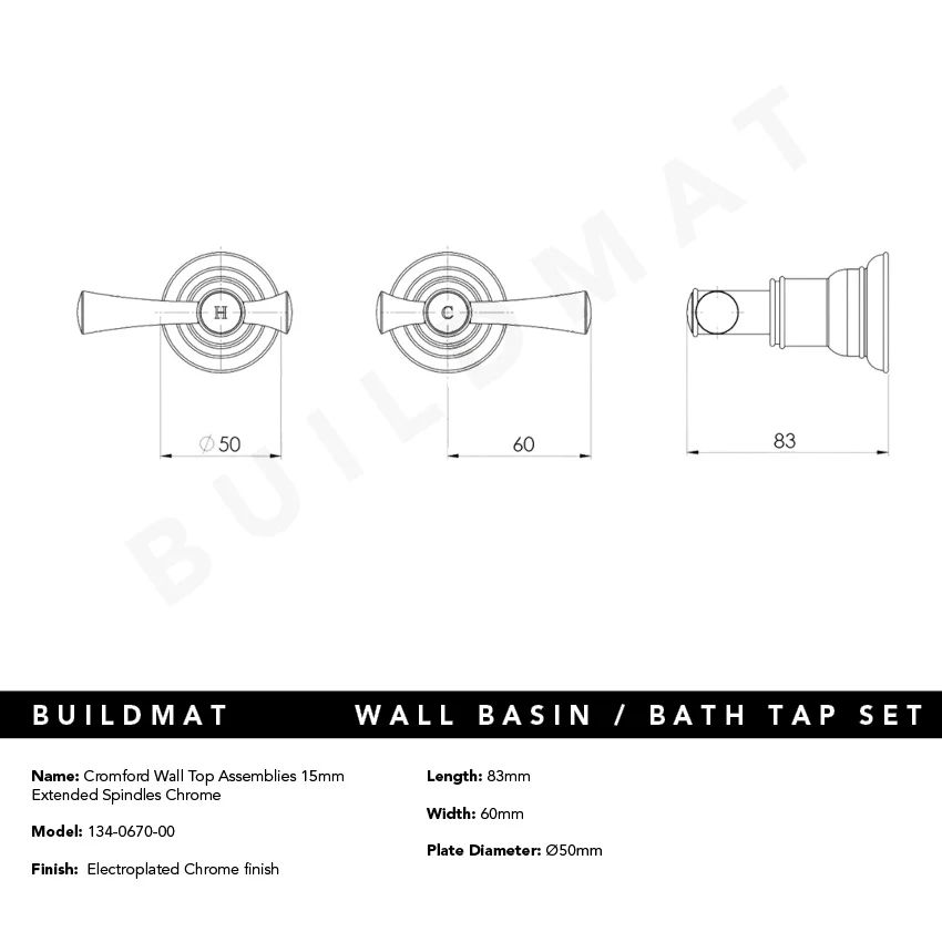 Phoenix Cromford Wall Top Assemblies 15mm Extended Spindles Chrome - Image 4