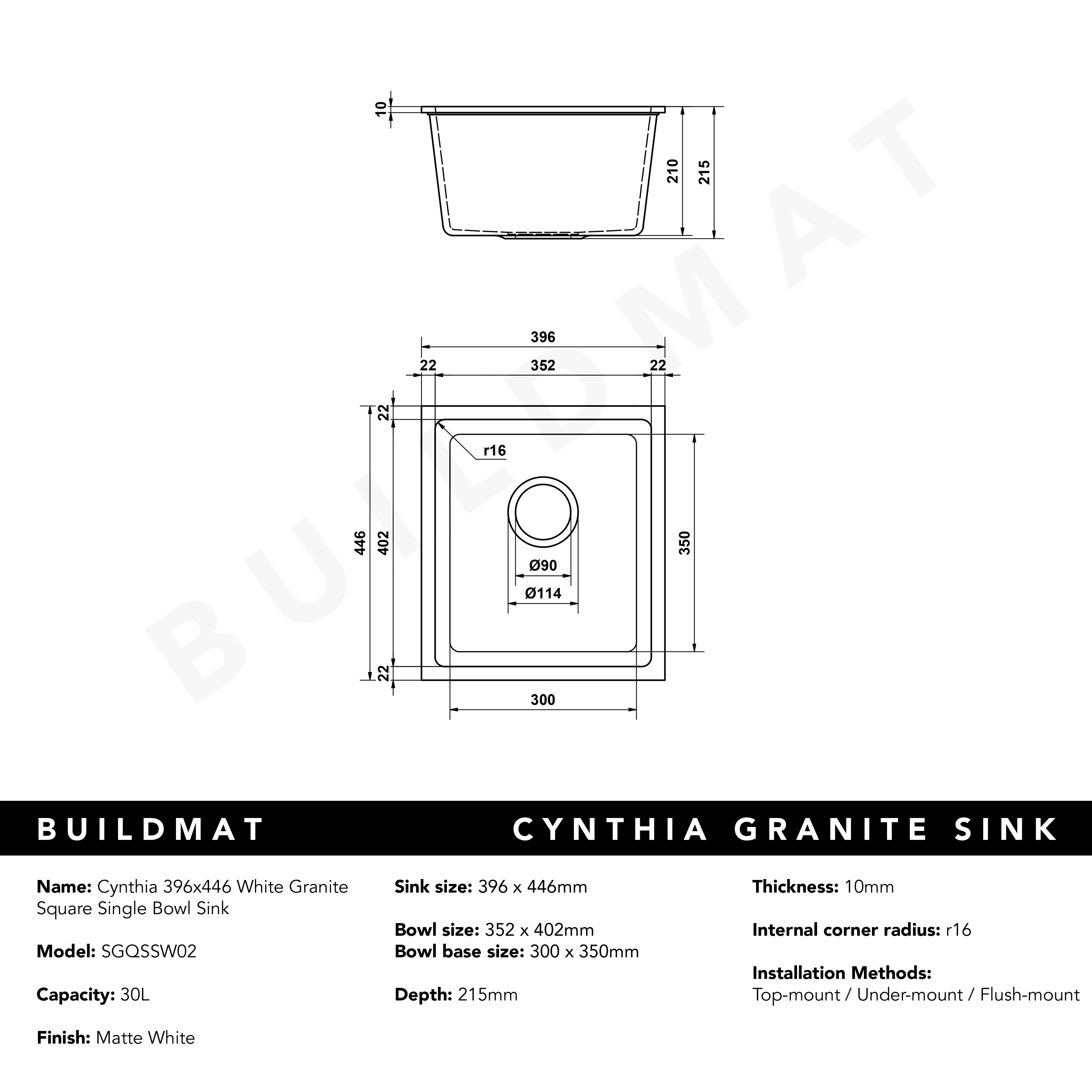 Alma Cynthia 396x446 White Granite Square Single Bowl Sink - Image 7
