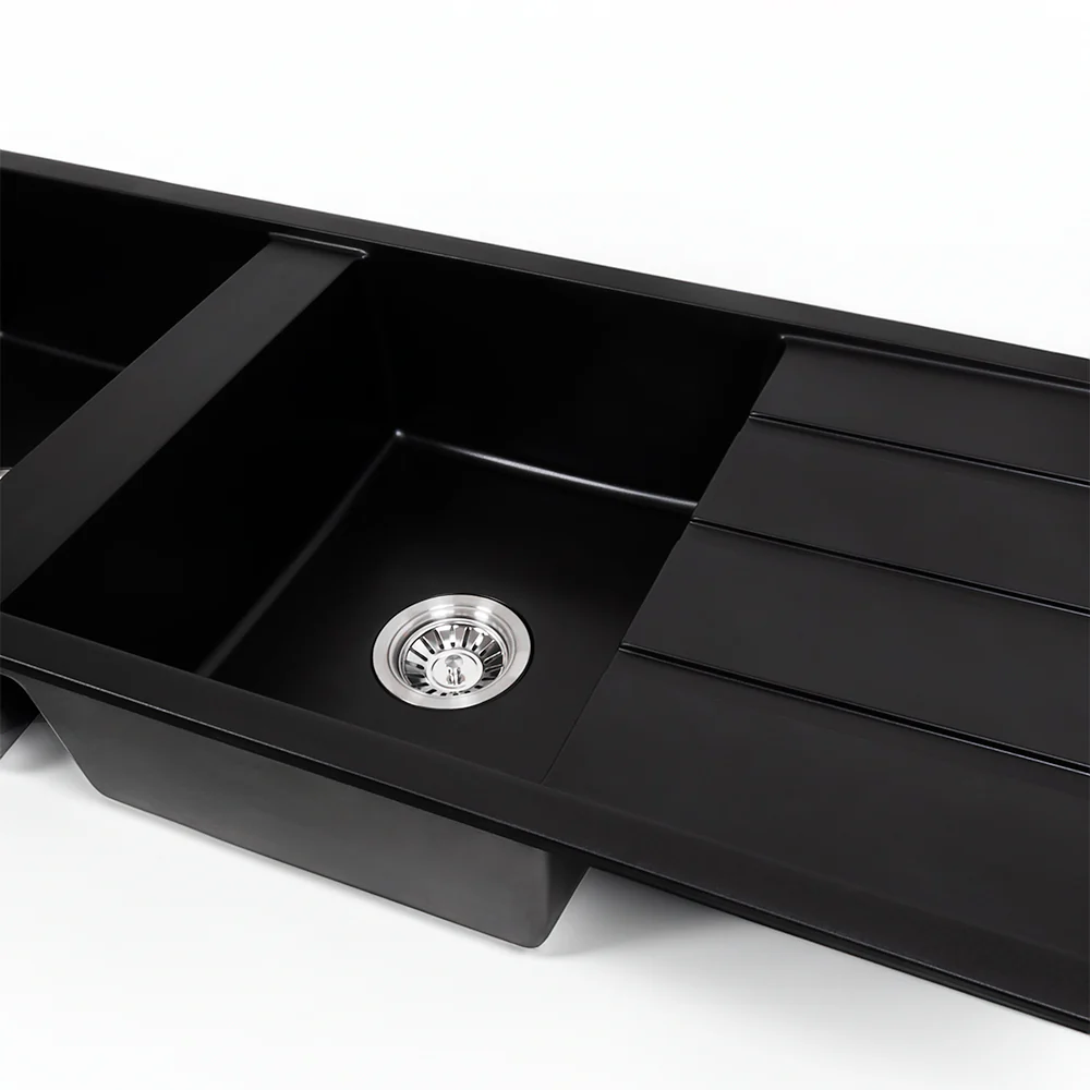 Alma Darlene 1200x500 Black Granite Drainboard Double Bowl Sink - Image 6