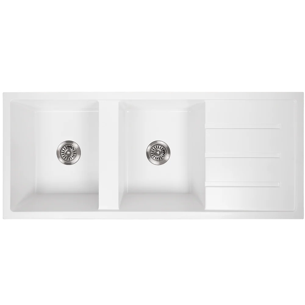 Alma Darlene 1200x500 White Granite Drainboard Double Bowl Sink - Image 3