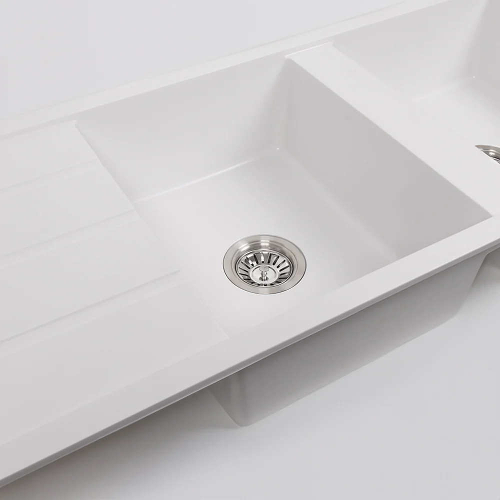 Alma Darlene 1200x500 White Granite Drainboard Double Bowl Sink - Image 4