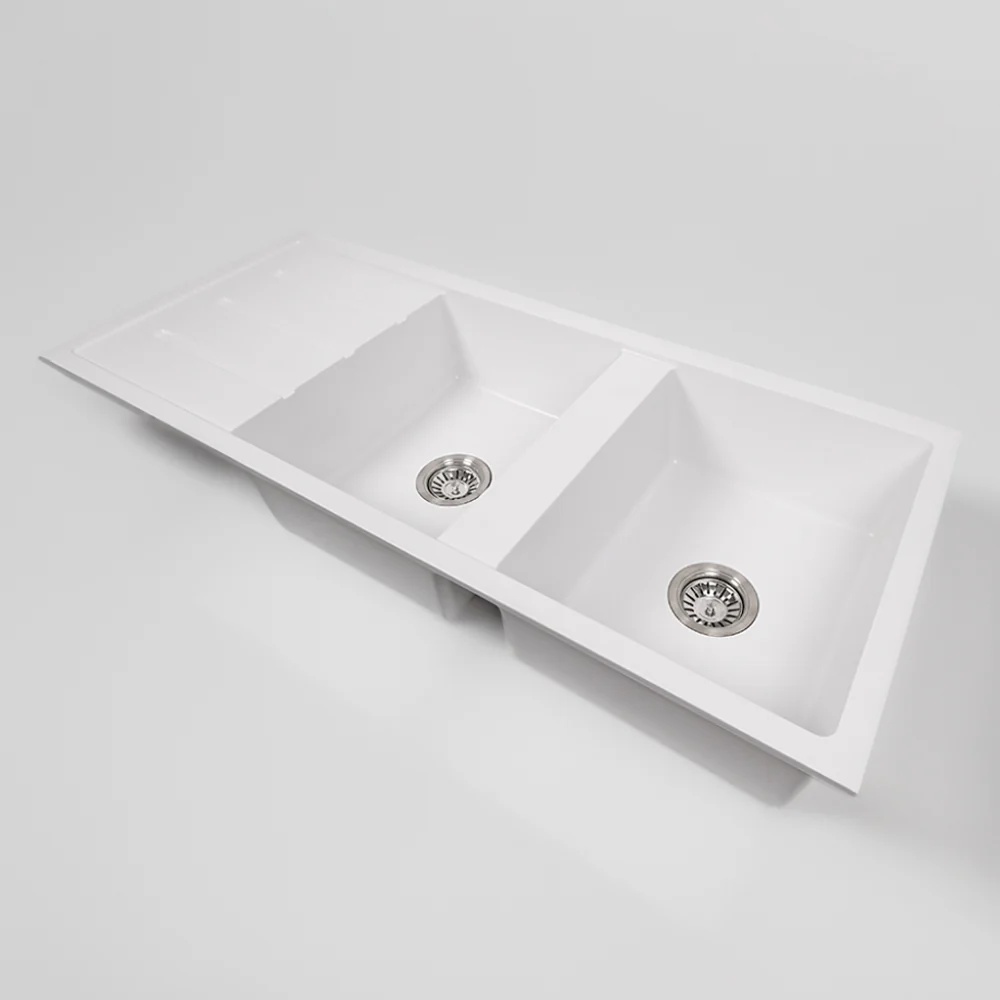 Alma Darlene 1200x500 White Granite Drainboard Double Bowl Sink - Image 5