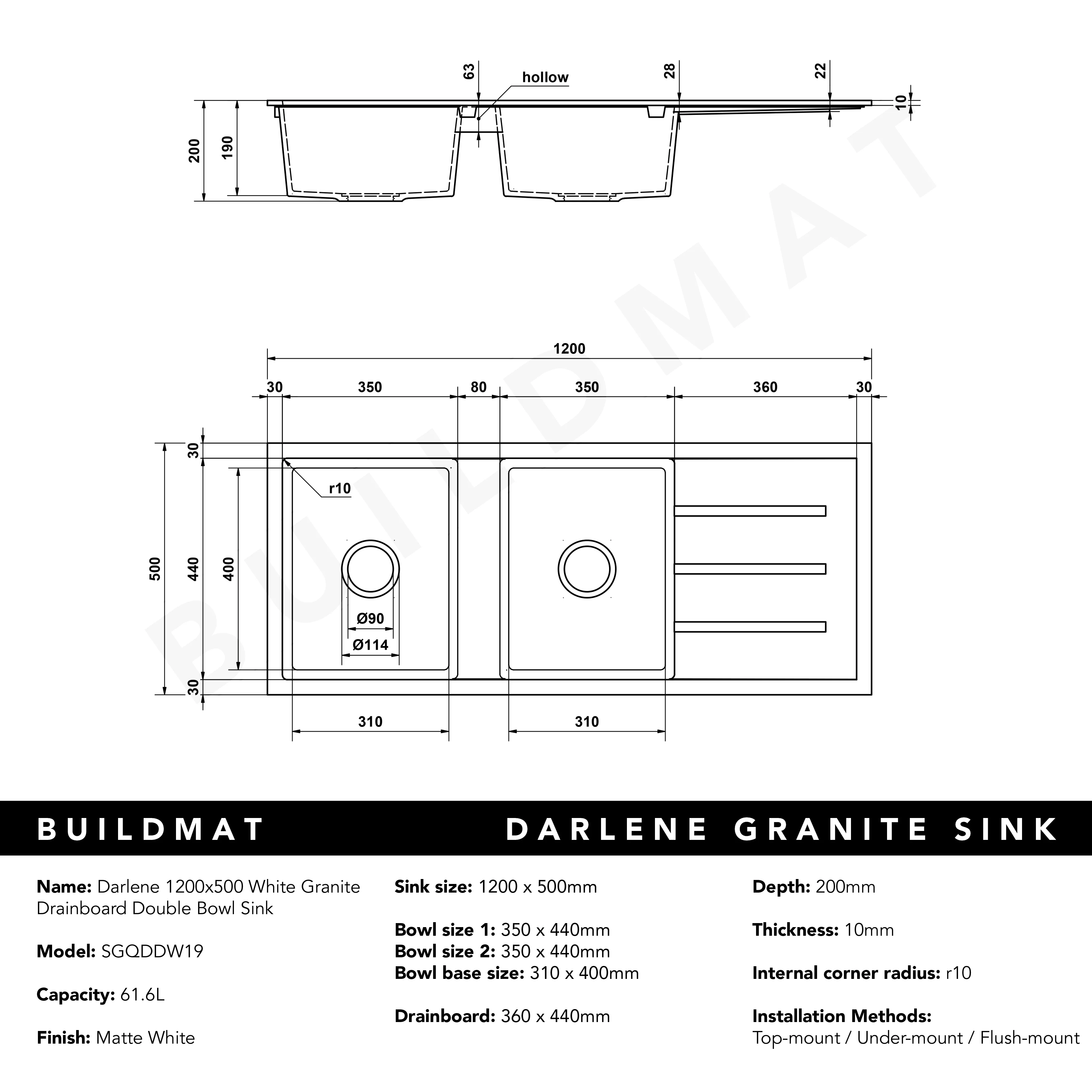 Alma Darlene 1200x500 White Granite Drainboard Double Bowl Sink - Image 7