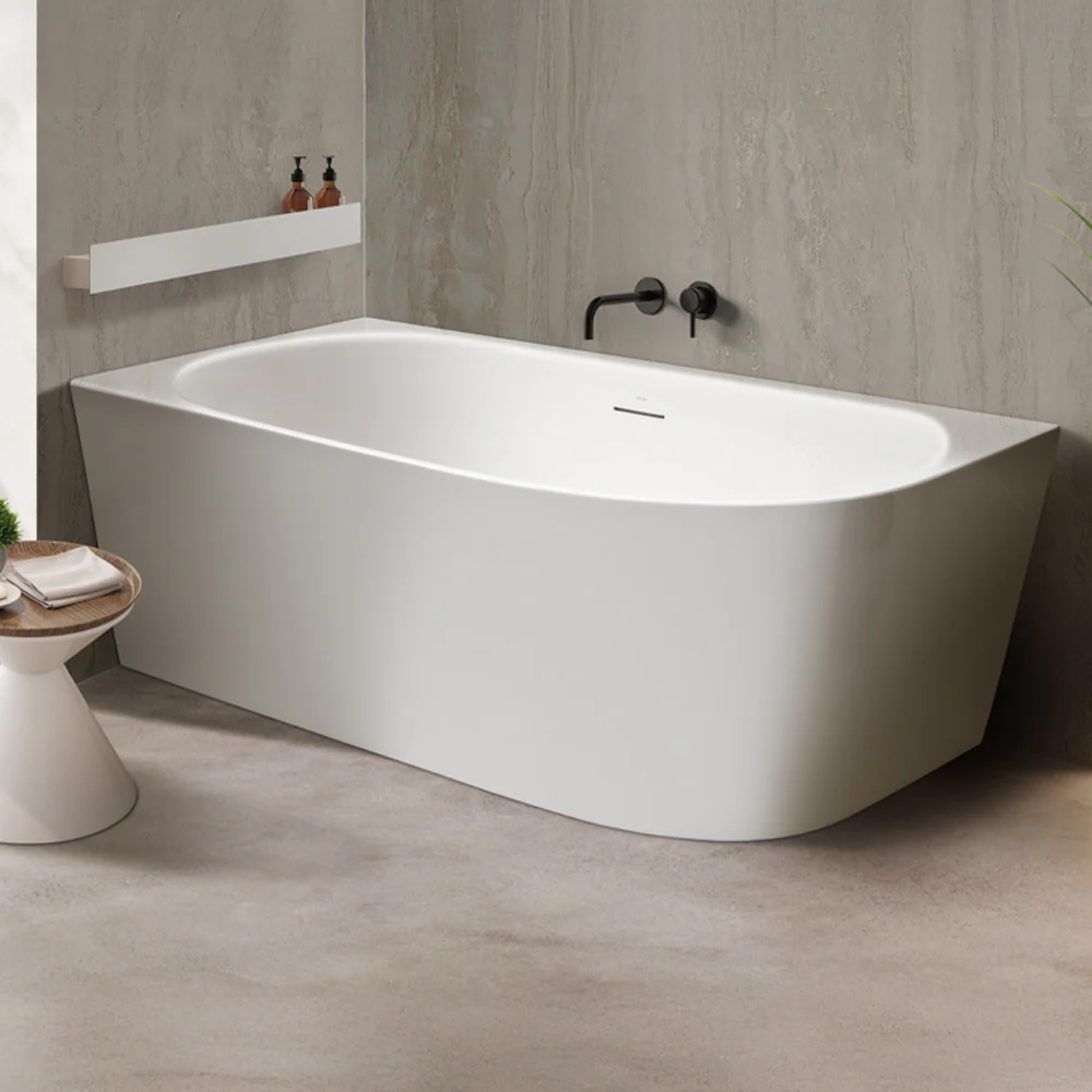 Decina 1500mm Natalia Back to Corner (Left Corner) Freestanding Bath with Overflow Gloss White - Image 2