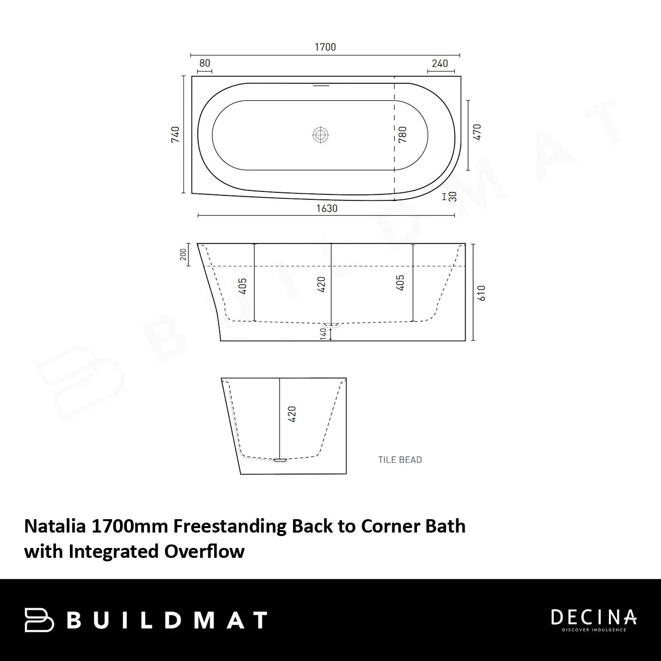 Decina 1700mm Natalia Back to Corner (Right Corner) Freestanding Bath with Overflow Gloss White - Image 4