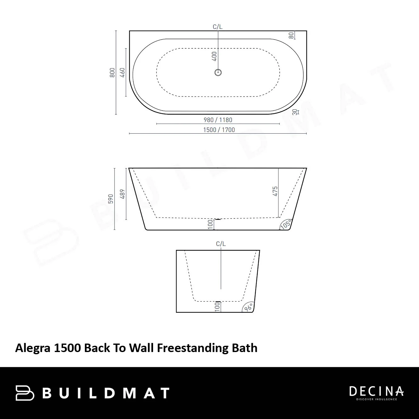 Decina Alegra 1500mm Back to Wall Freestanding Bath Gloss White - Image 4