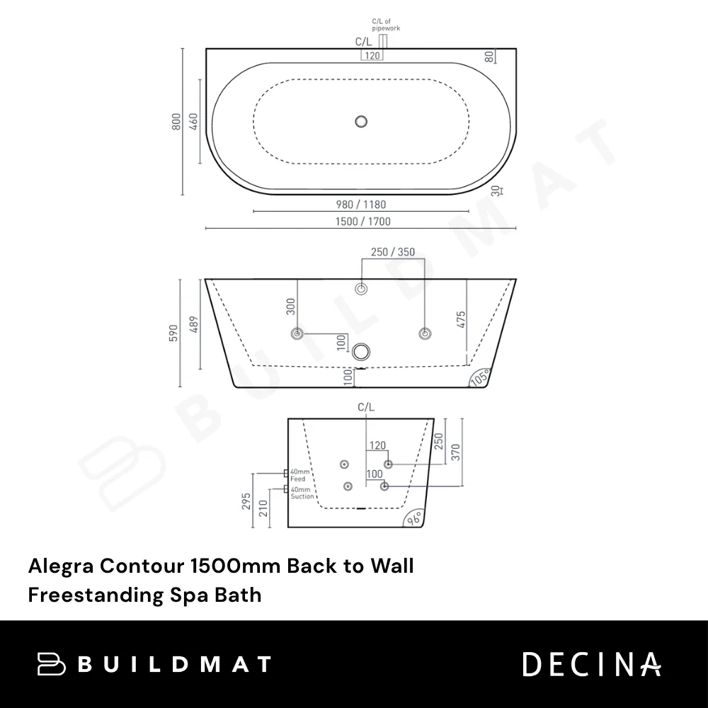 Decina Alegra Contour 1500mm Back to Wall Freestanding Spa Bath White - Image 4