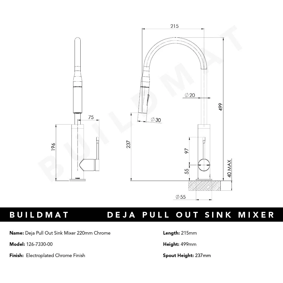 Phoenix Deja Pull Out Chrome Sink Mixer 220mm - Image 4