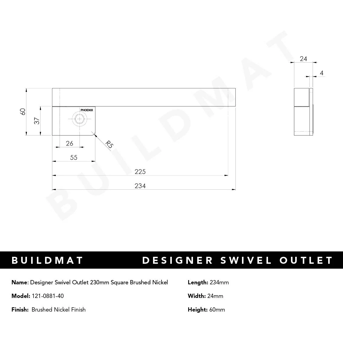 Phoenix Designer Swivel Bath Outlet 230mm Square Brushed Nickel - Image 4