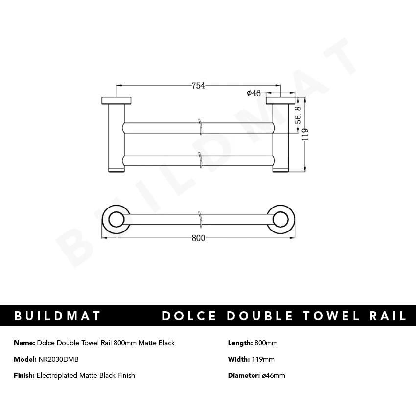 Nero Dolce Double Towel Rail 800mm Matte Black - Image 5