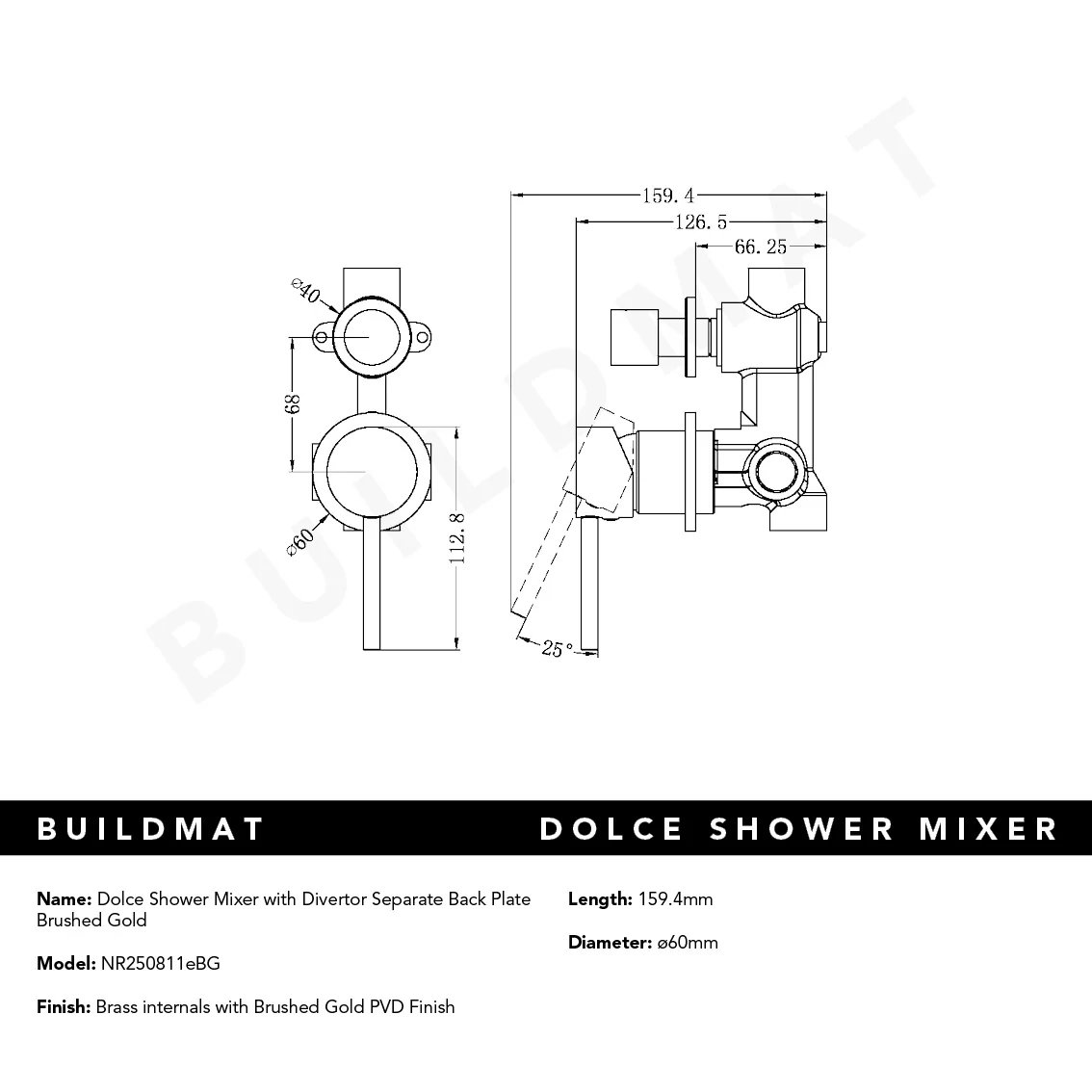 Nero Dolce Shower Mixer with Divertor Separate Back Plate Brushed Gold - Image 4