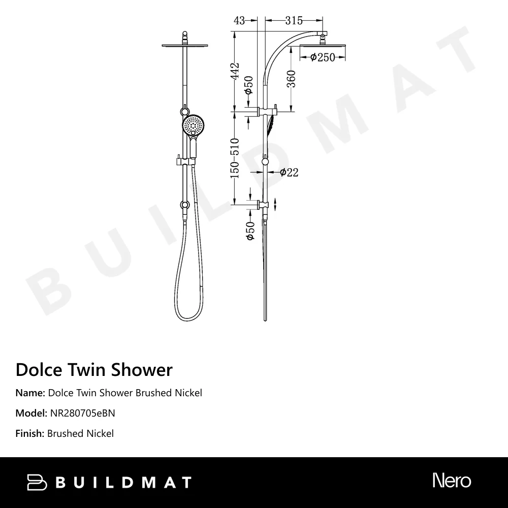 Nero Dolce Twin Shower Brushed Nickel - Image 4