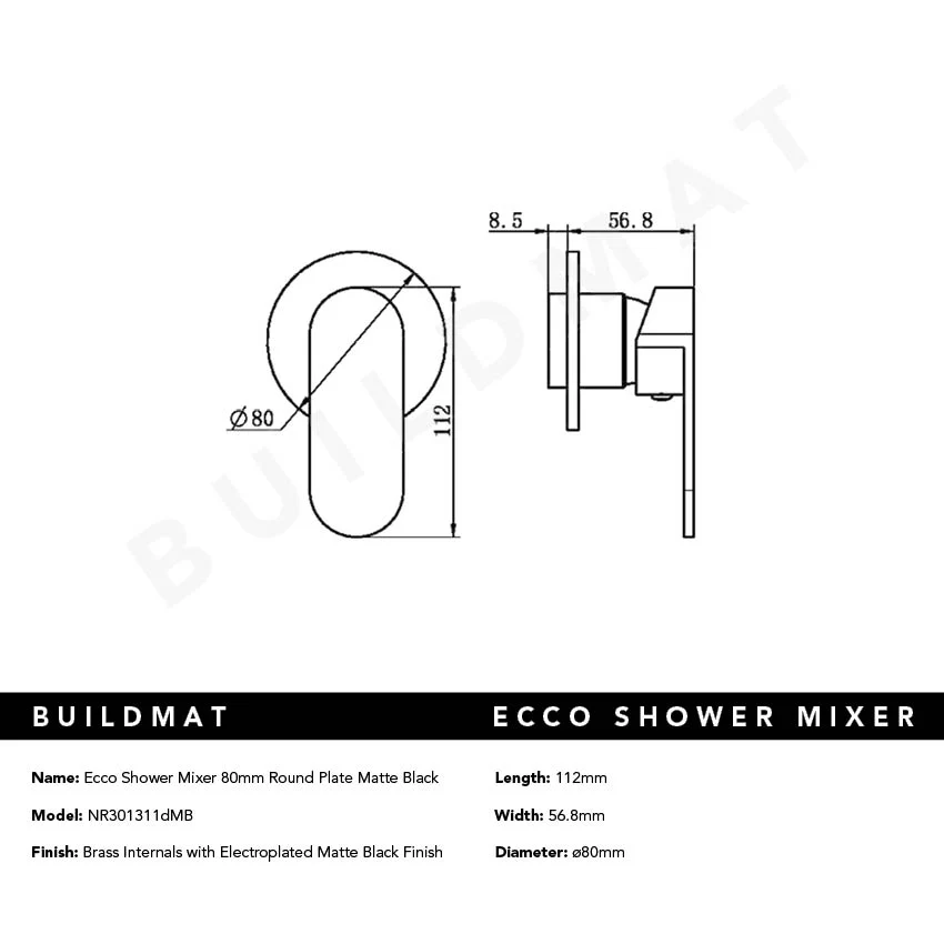 Nero Ecco Shower Mixer Round Back Plate Matte Black - Image 4