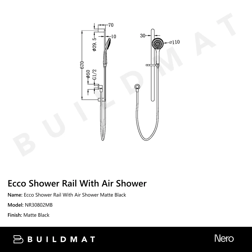 Nero Ecco Shower Rail With Air Shower Matte Black - Image 4