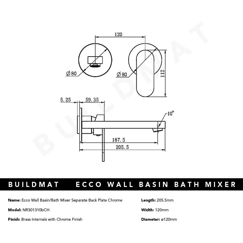 Nero Ecco Wall Basin/Bath Mixer Separate Back Plate 200mm Chrome - Image 4