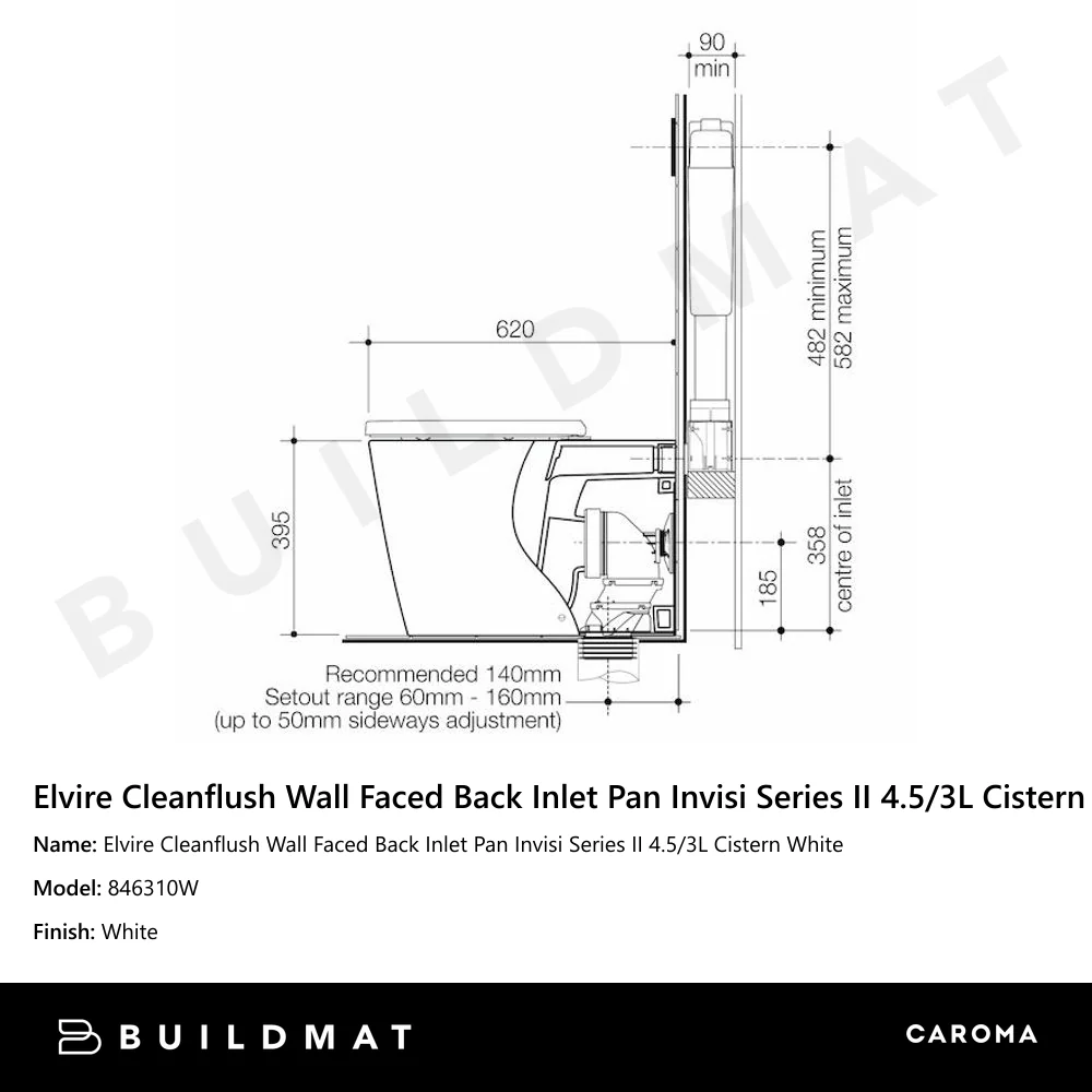 Caroma Elvire Cleanflush Wall Faced Back Inlet Pan Invisi Series II 4.5/3L Cistern White - Image 4