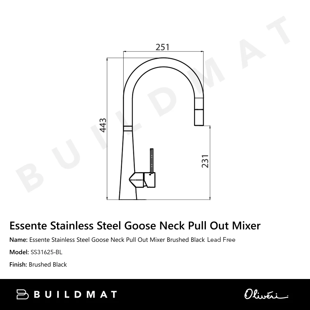 Oliveri Essente 316 Stainless Steel Goose Neck Pull Out Mixer Lead Free Brushed Black - Image 4