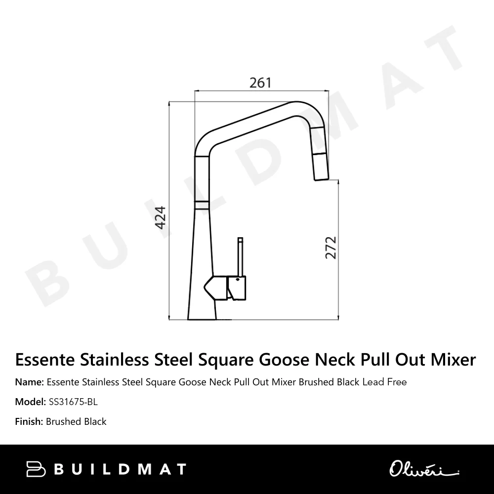 Oliveri Essente 316 Stainless Steel Square Goose Neck Pull Out Mixer Lead Free Brushed Black - Image 4