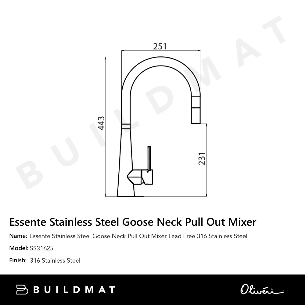 Oliveri Essente 316 Stainless Steel Goose Neck Pull Out Mixer Lead Free - Image 4