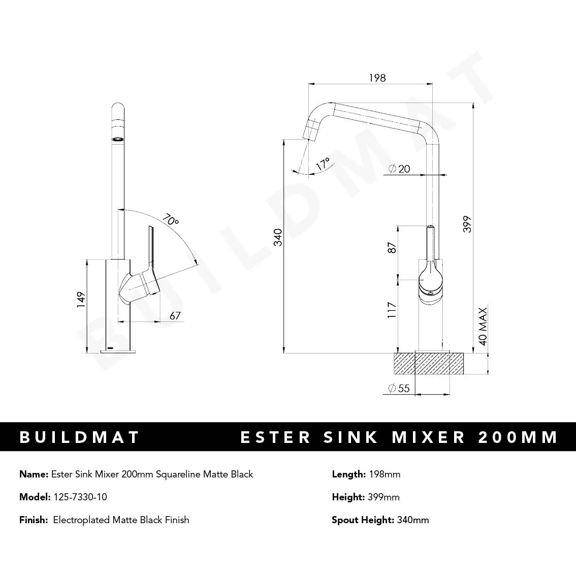 Phoenix Ester Matte Black Sink Mixer 200mm Squareline - Image 4