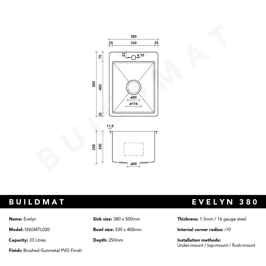 Alma Evelyn 380x500 Single Bowl Tap Landing Sink Brushed Gunmetal - Image 5