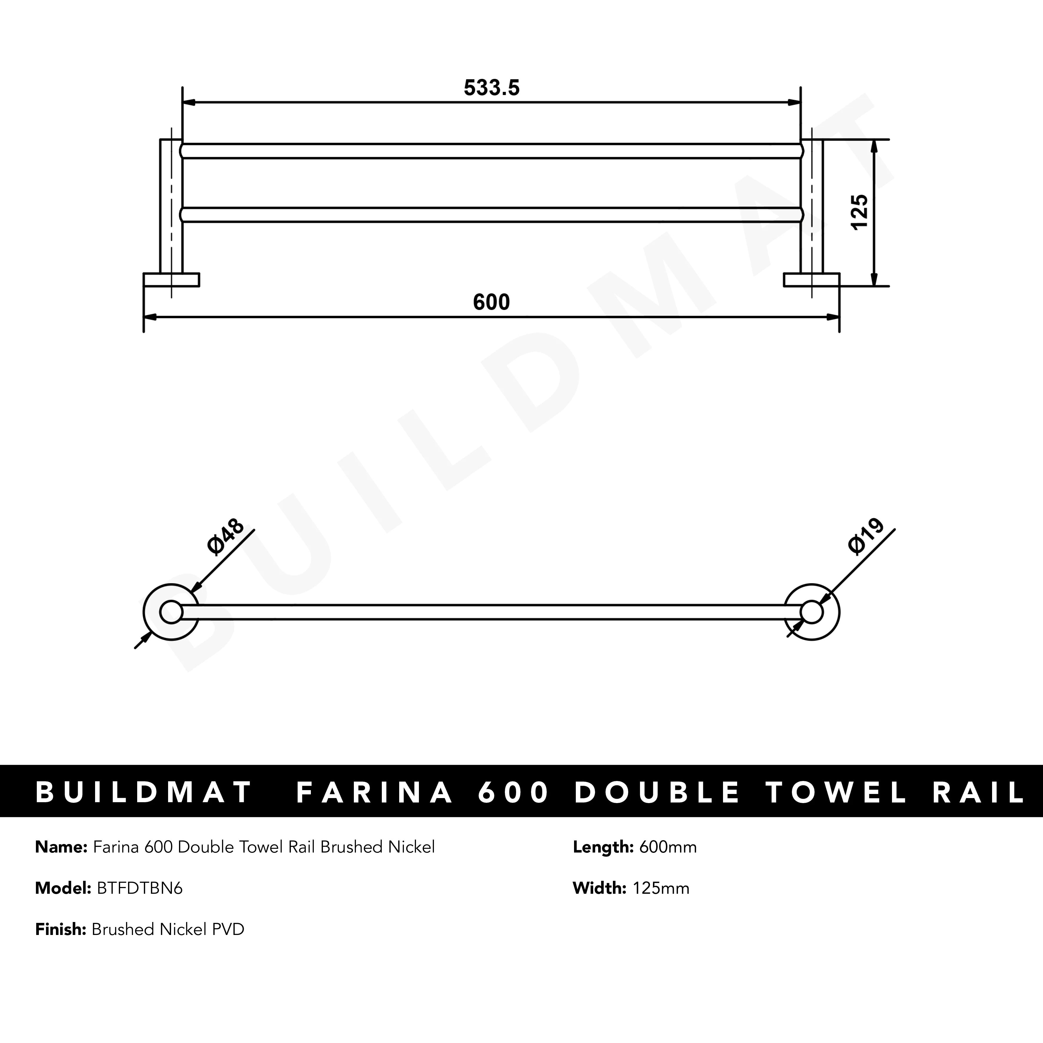 Alma Farina 600 Double Towel Rail Brushed Nickel - Image 6