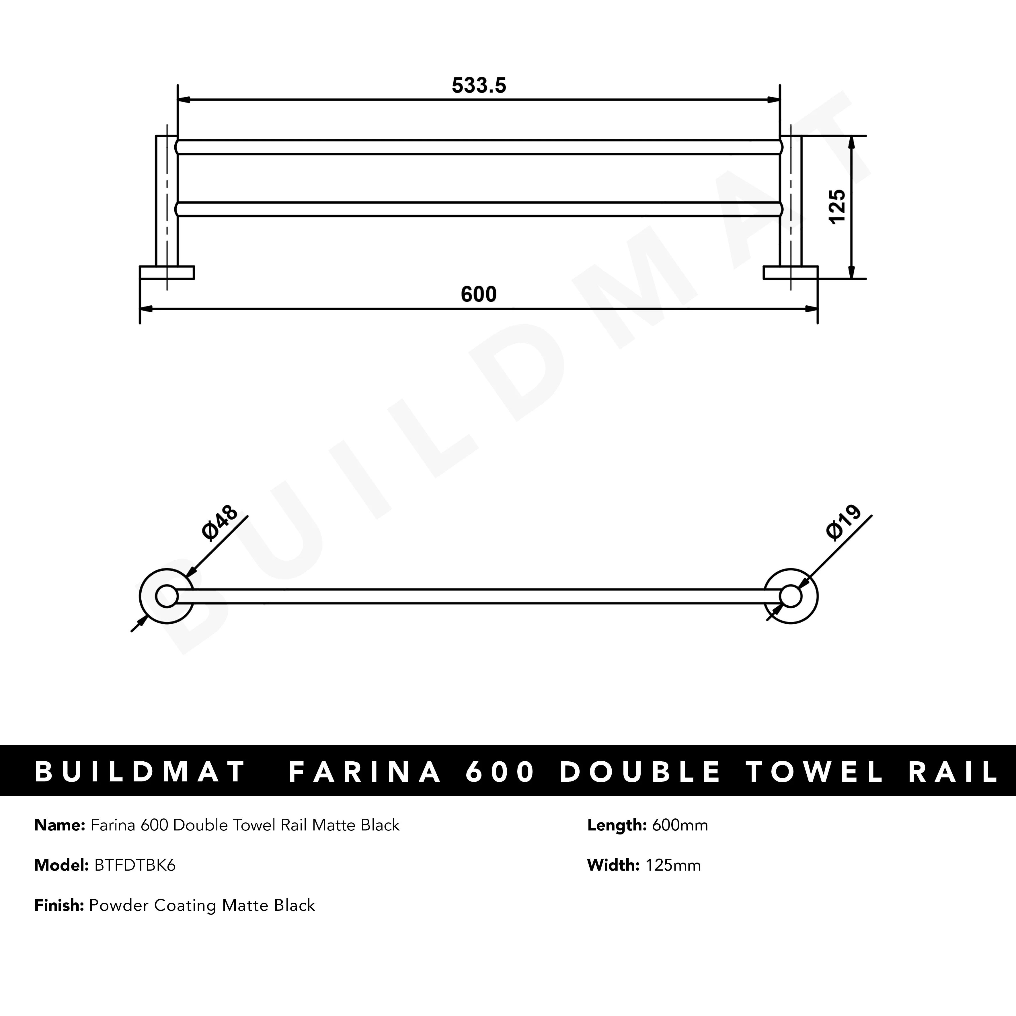 Alma Farina 600 Double Towel Rail Matte Black - Image 7