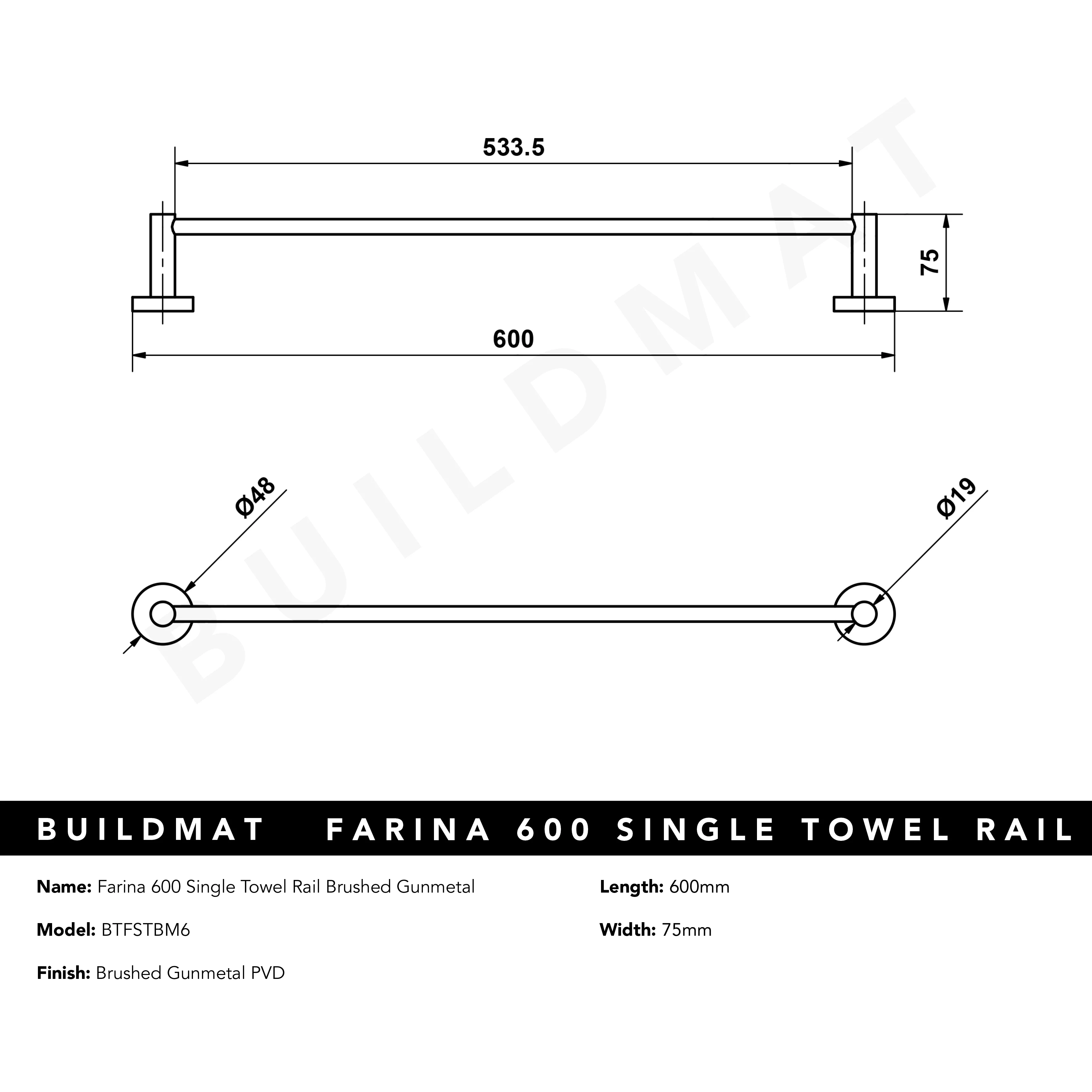 Alma Farina 600 Single Towel Rail Brushed Gunmetal - Image 7