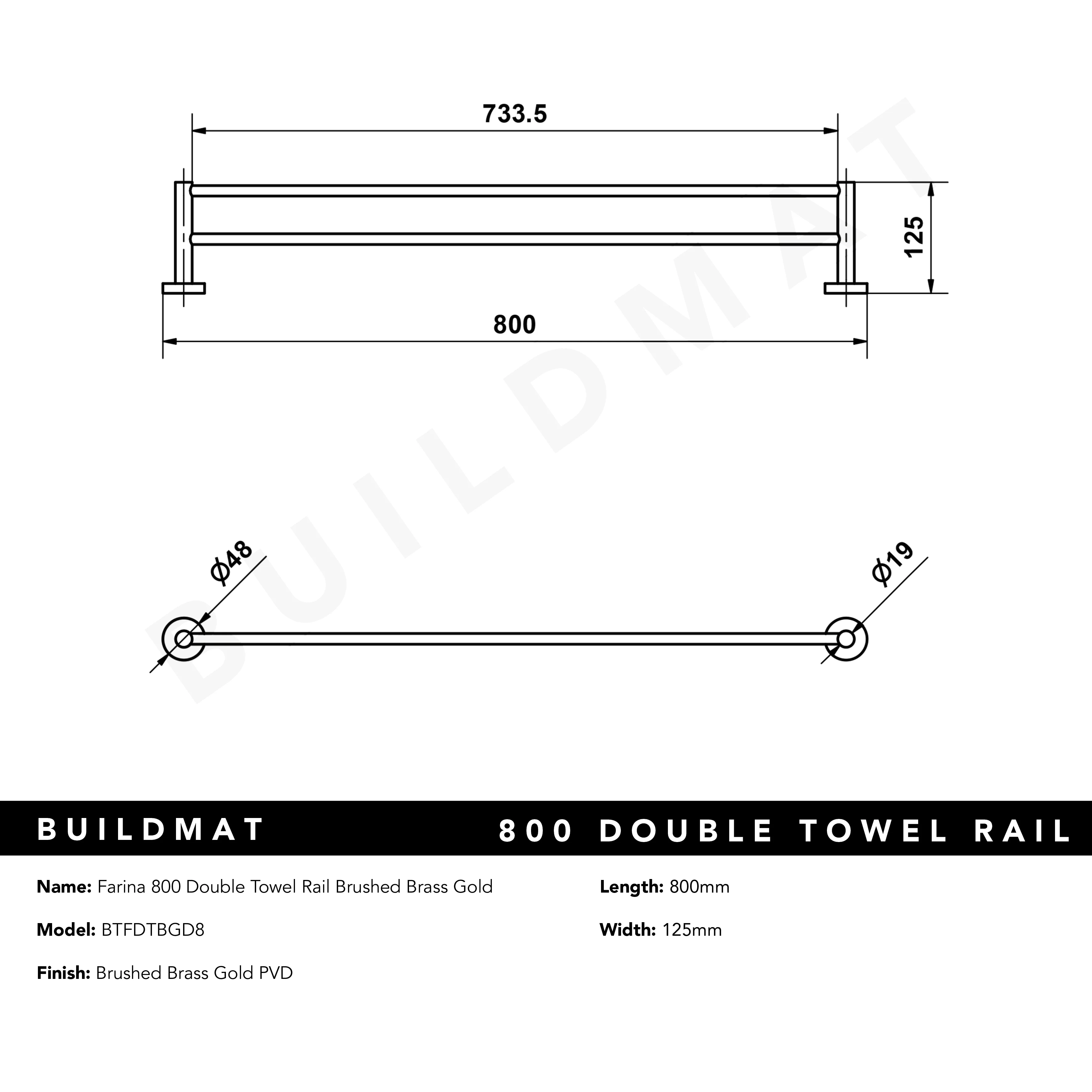 Alma Farina 800 Double Towel Rail Brushed Brass Gold - Image 6