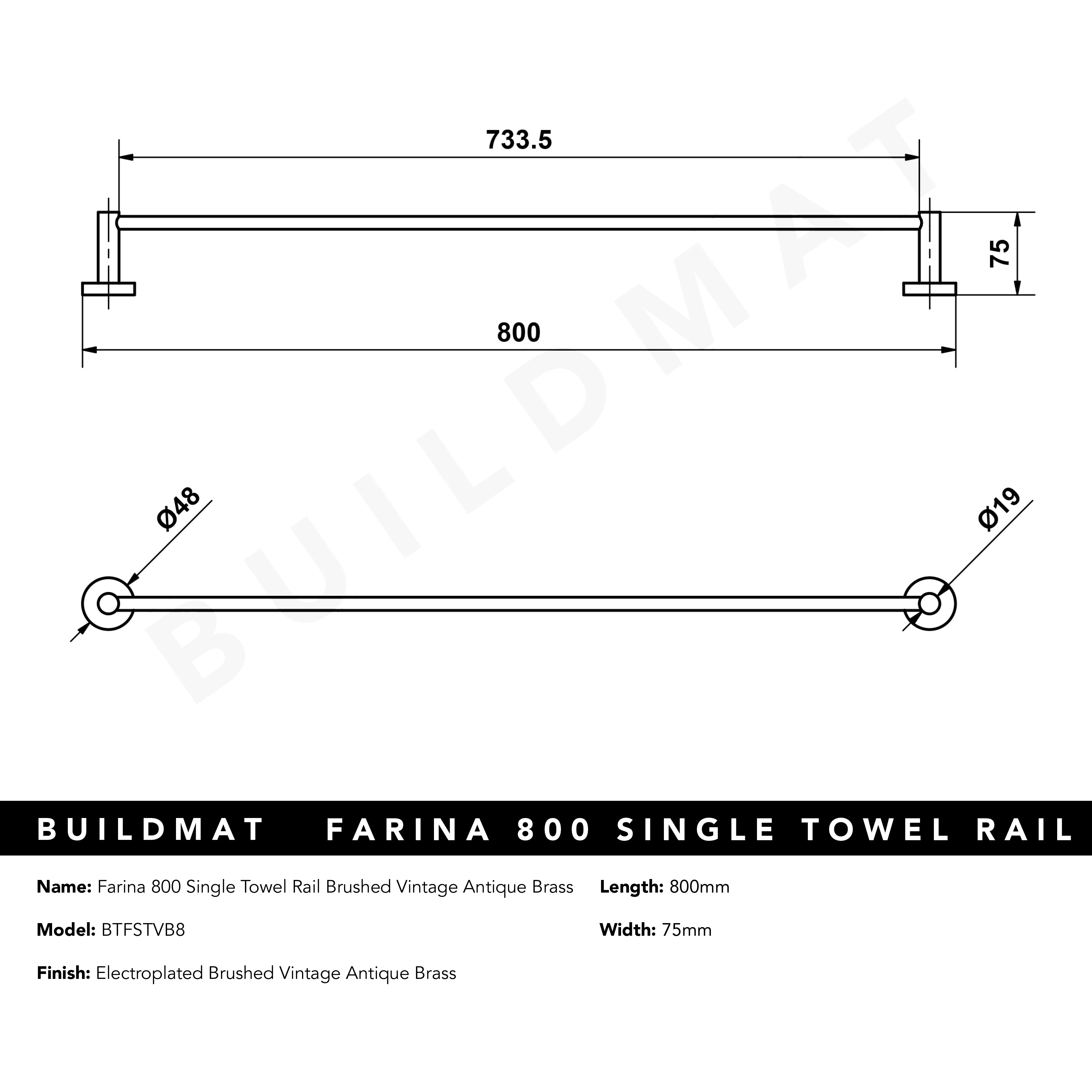 Alma Farina 800 Single Towel Rail Brushed Vintage Antique Brass - Image 7