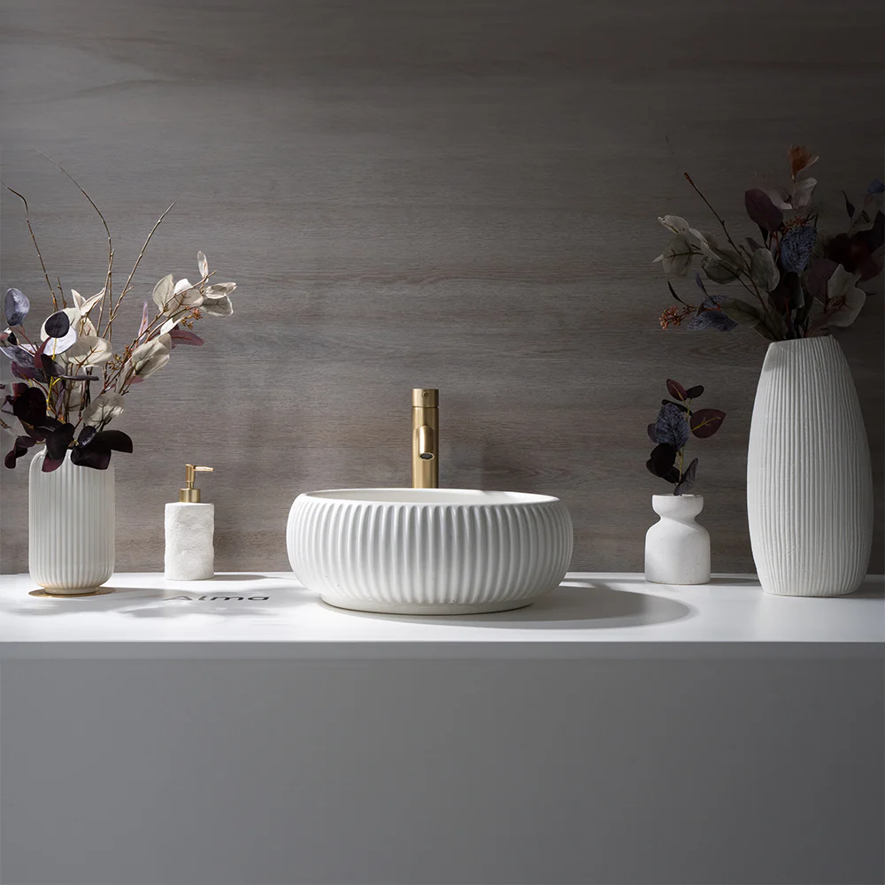 Alma Felda Sea Salt White Fluted Concrete Basin - Image 4