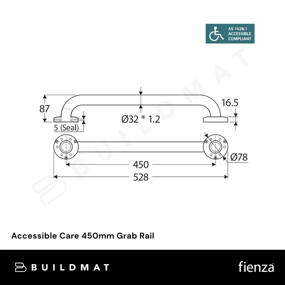 Fienza Accessible Care 450mm Grab Rail Stainless Steel - Image 5