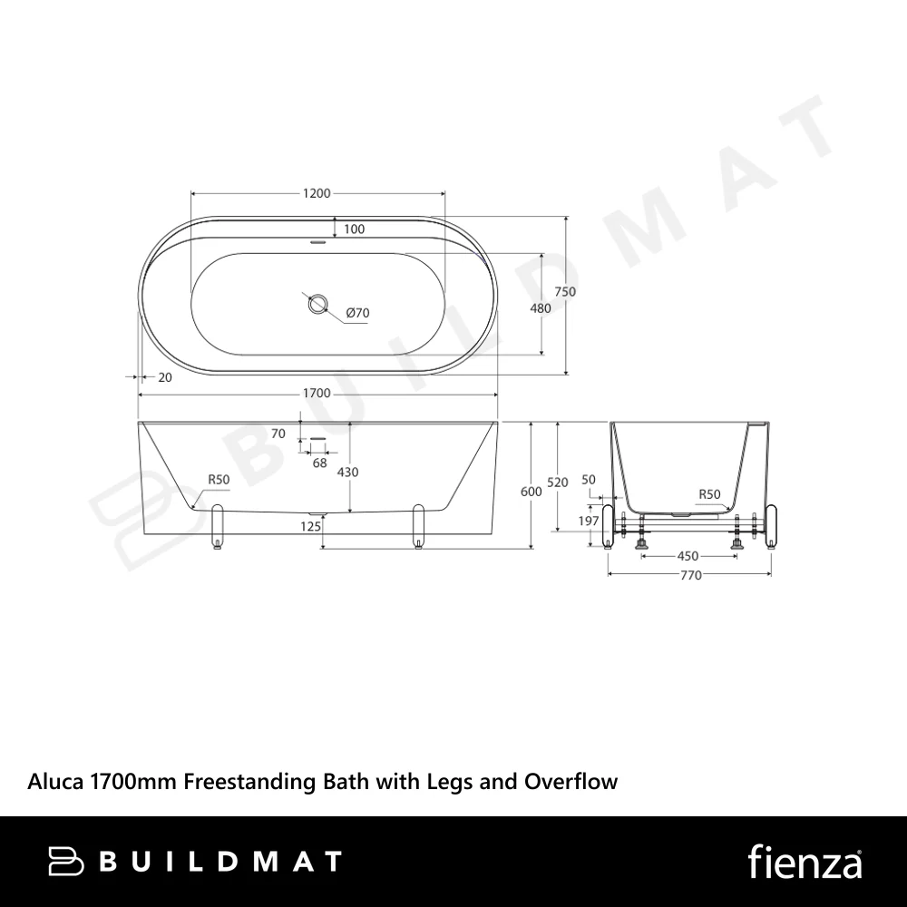 Fienza Aluca Freestanding Bath with Overflow 1700mm Matte Khaki - Image 4