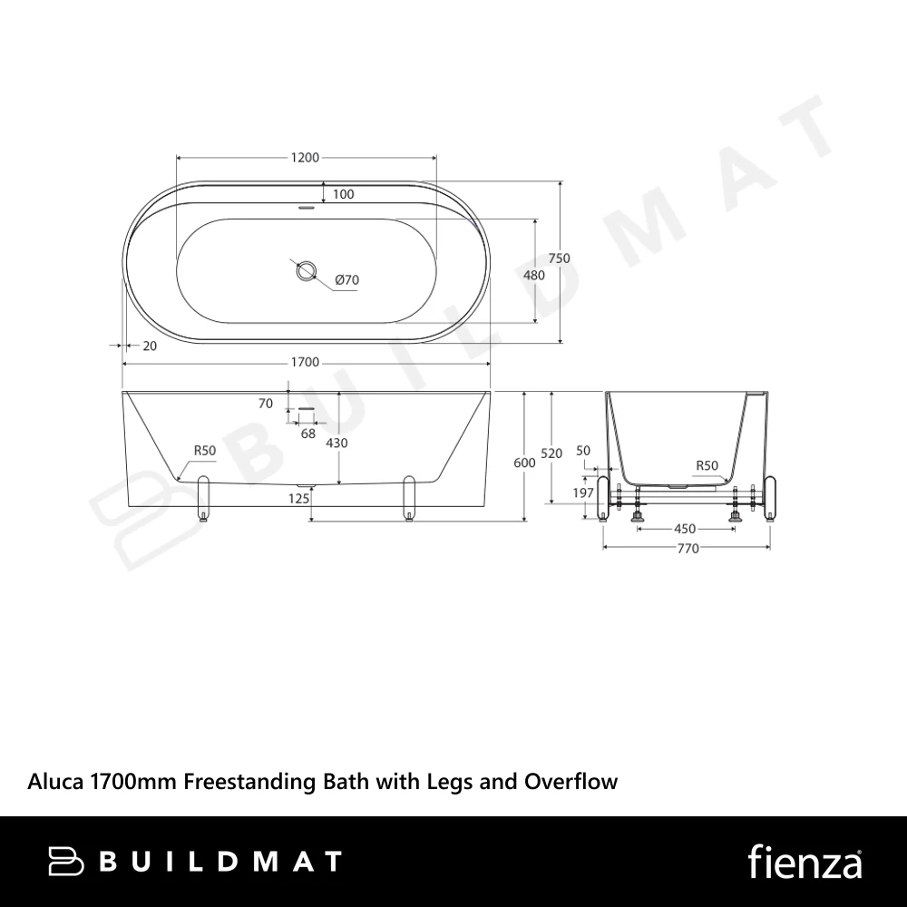 Fienza Aluca Freestanding Bath with Overflow 1700mm Matte Olive - Image 4