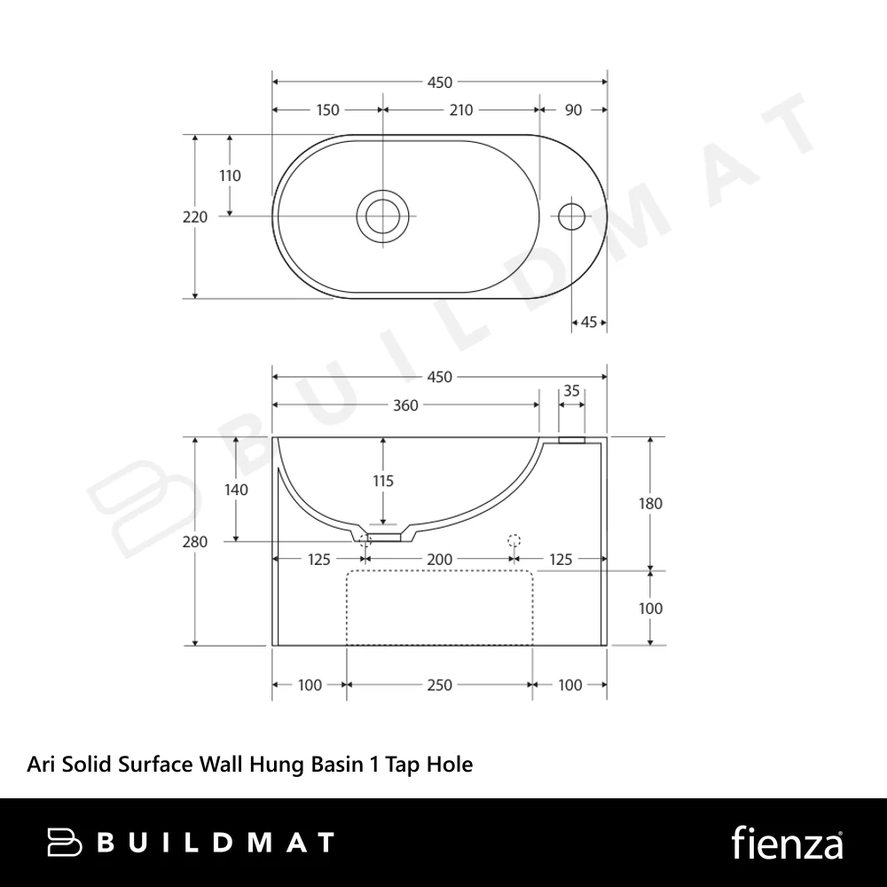 Fienza Ari Solid Surface Wall Hung Basin 1 Tap Hole Matte White - Image 4