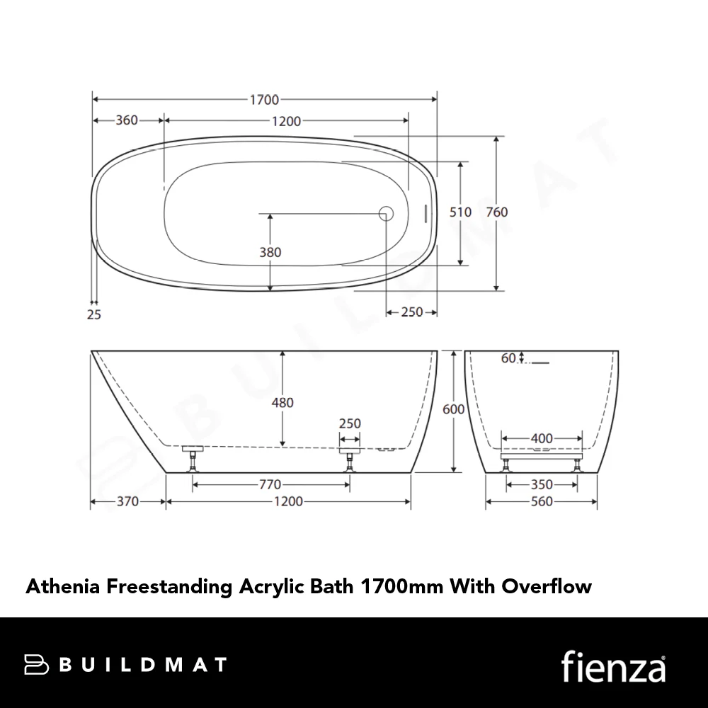 Fienza Athenia Freestanding Acrylic Bath 1700mm with Overflow White - Image 4