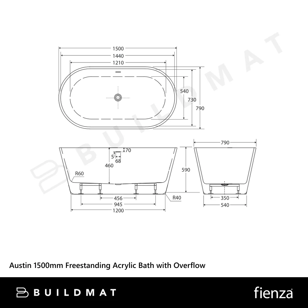 Fienza Austin 1500mm Freestanding Acrylic Bath with Overflow Gloss White - Image 4