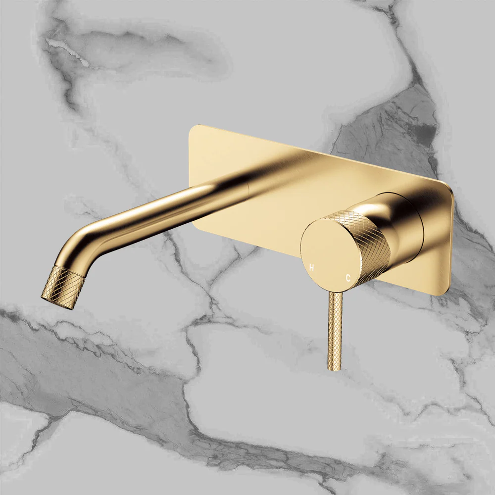 Fienza Axle Wall Basin Mixer Set Rectangular Plate 160mm Outlet Urban Brass - Image 2