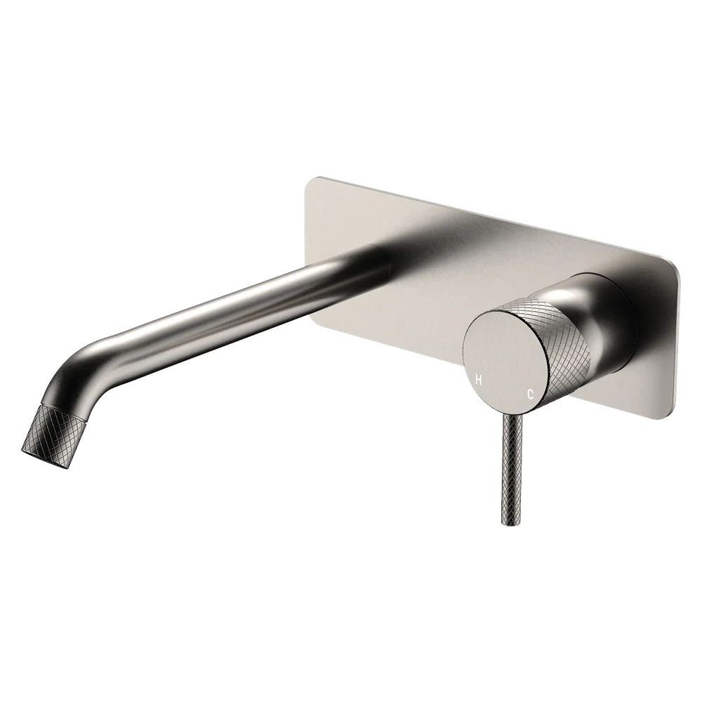 Fienza Axle Wall Basin Mixer Set Rectangular Plate 200mm Outlet Brushed Nickel Lead Free