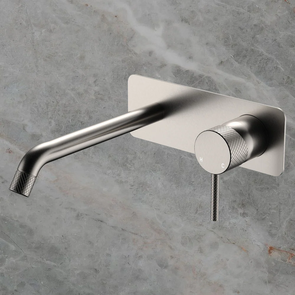 Fienza Axle Wall Basin Mixer Set Rectangular Plate 200mm Outlet Brushed Nickel Lead Free - Image 2