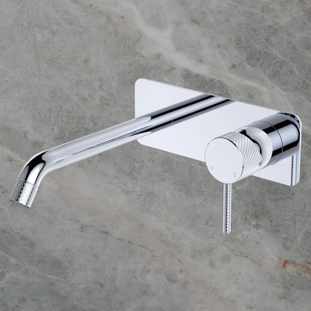 Fienza Axle Wall Basin Mixer Set Rectangular Plate 200mm Outlet Chrome - Image 2