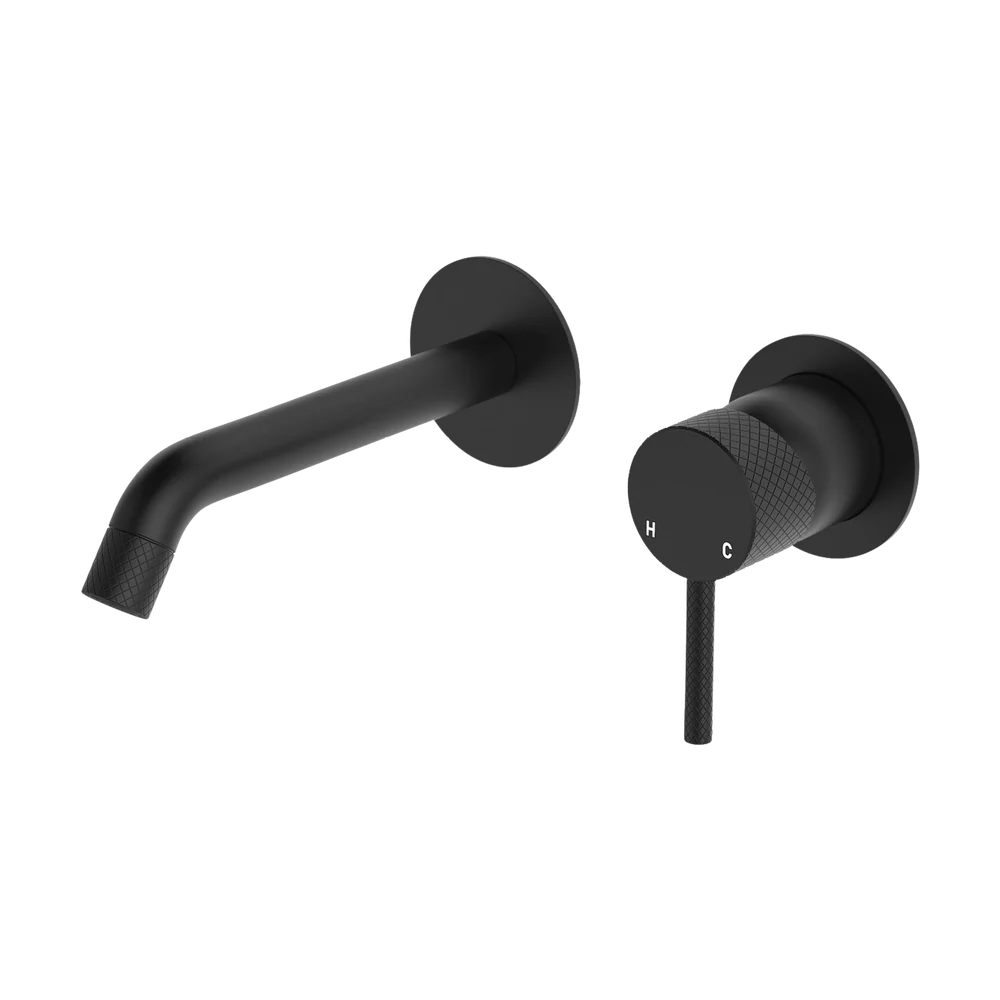 Fienza Axle Wall Basin Mixer Set Round Plates 160mm Outlet Matte Black - Image 3