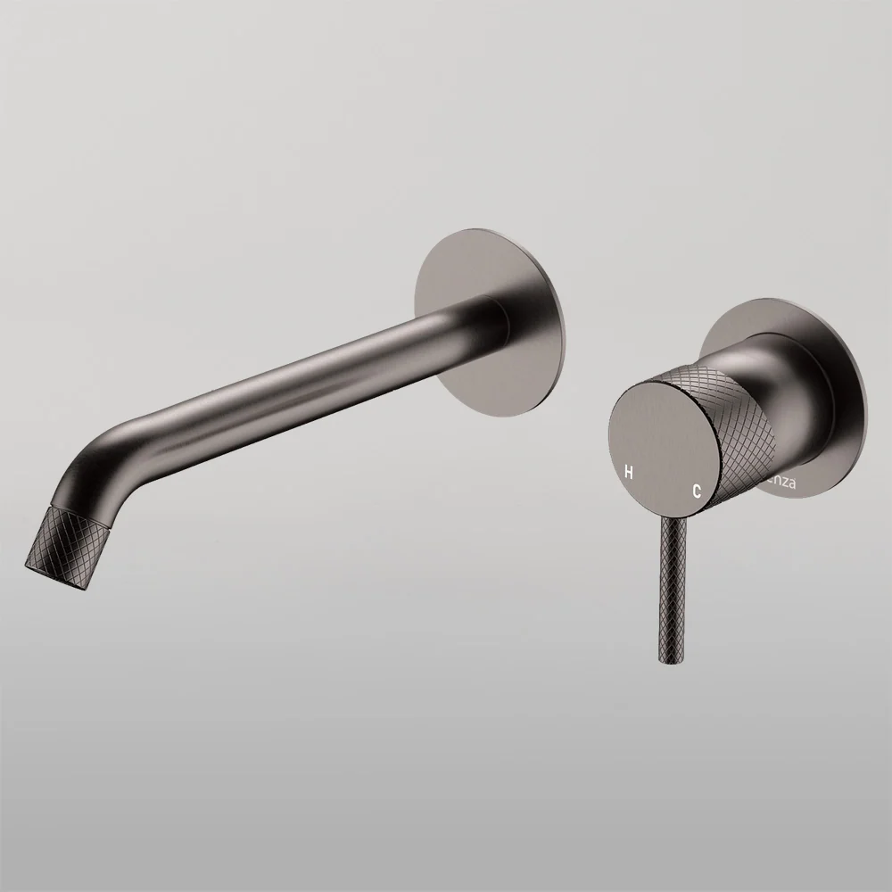Fienza Axle Wall Basin Mixer Set Round Plates 200mm Outlet Gunmetal - Image 2