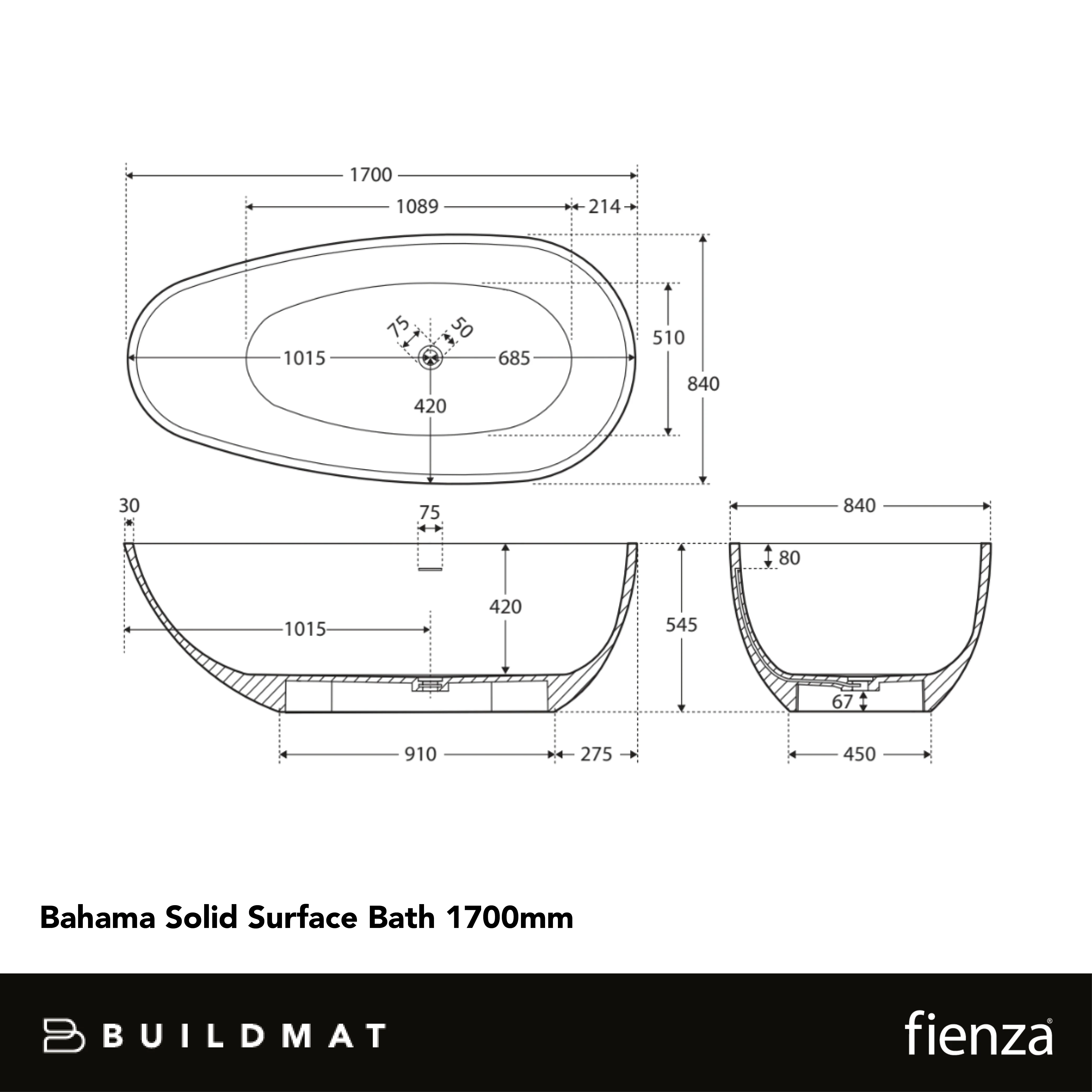 Fienza Bahama Solid Surface Bath 1700mm Matte Black - Image 4