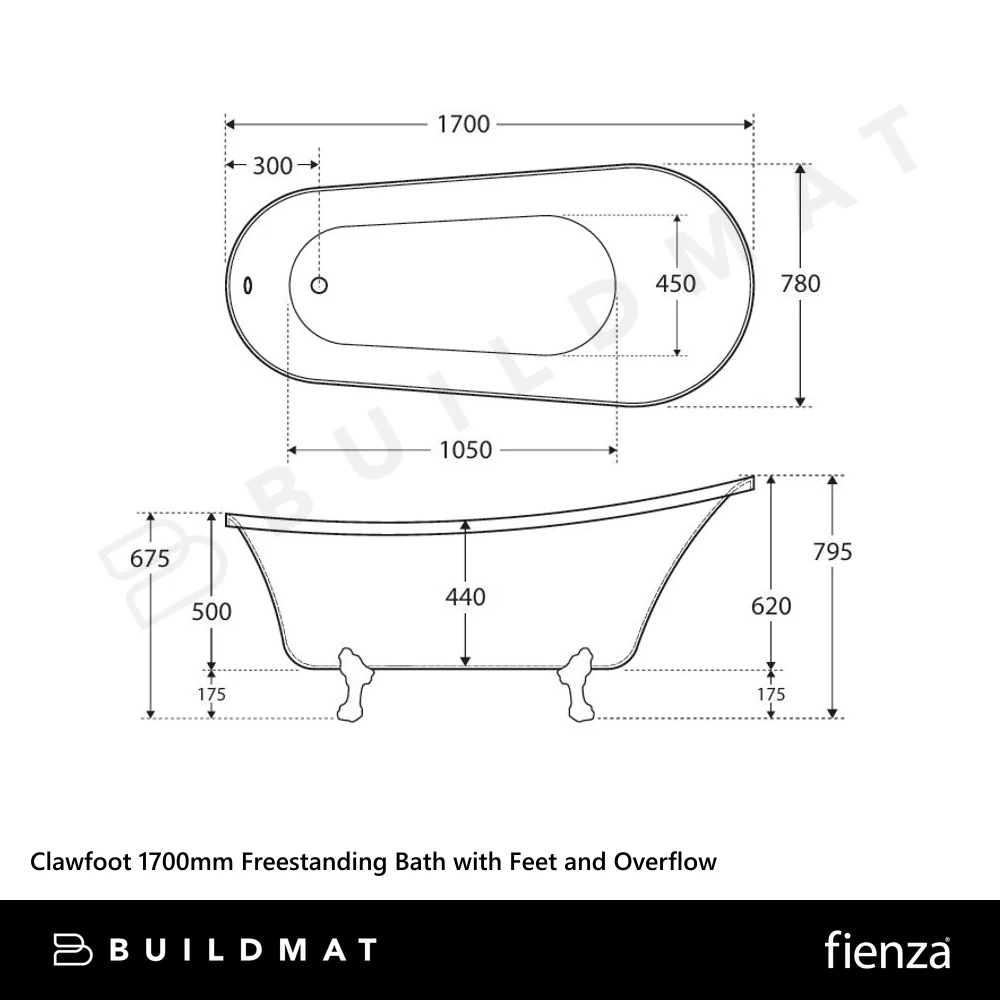 Fienza Clawfoot 1700mm Freestanding Bath with Overflow Gloss White - Image 4