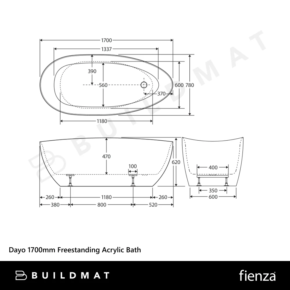 Fienza Dayo 1700mm Freestanding Acrylic Bath Gloss White - Image 4