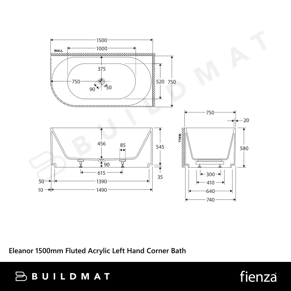 Fienza Eleanor 1500mm Fluted Acrylic Left Hand Corner Bath Gloss White - Image 4
