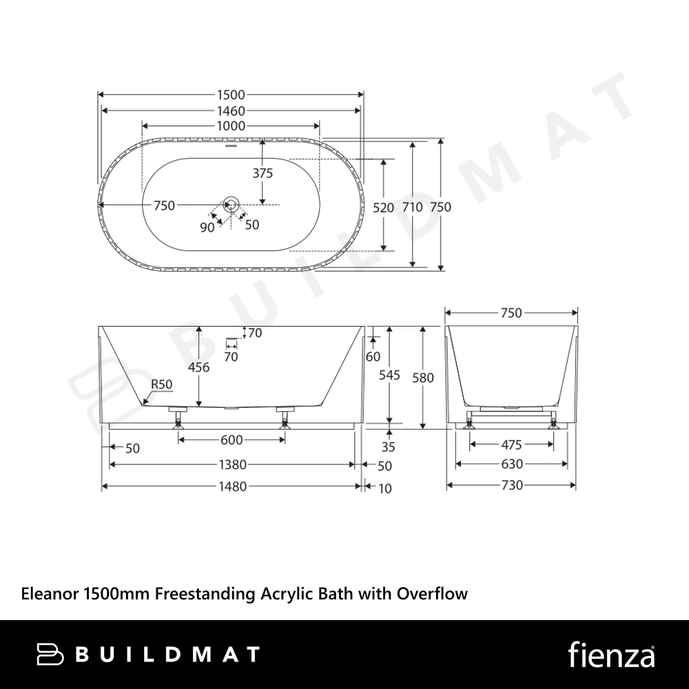Fienza Eleanor 1500mm Freestanding Acrylic Bath with Overflow Gloss White - Image 4