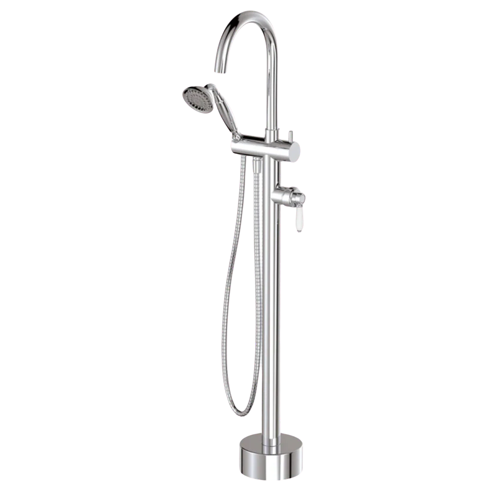 Fienza Eleanor Floor Mixer And Shower with White Ceramic Handle Chrome - Image 3